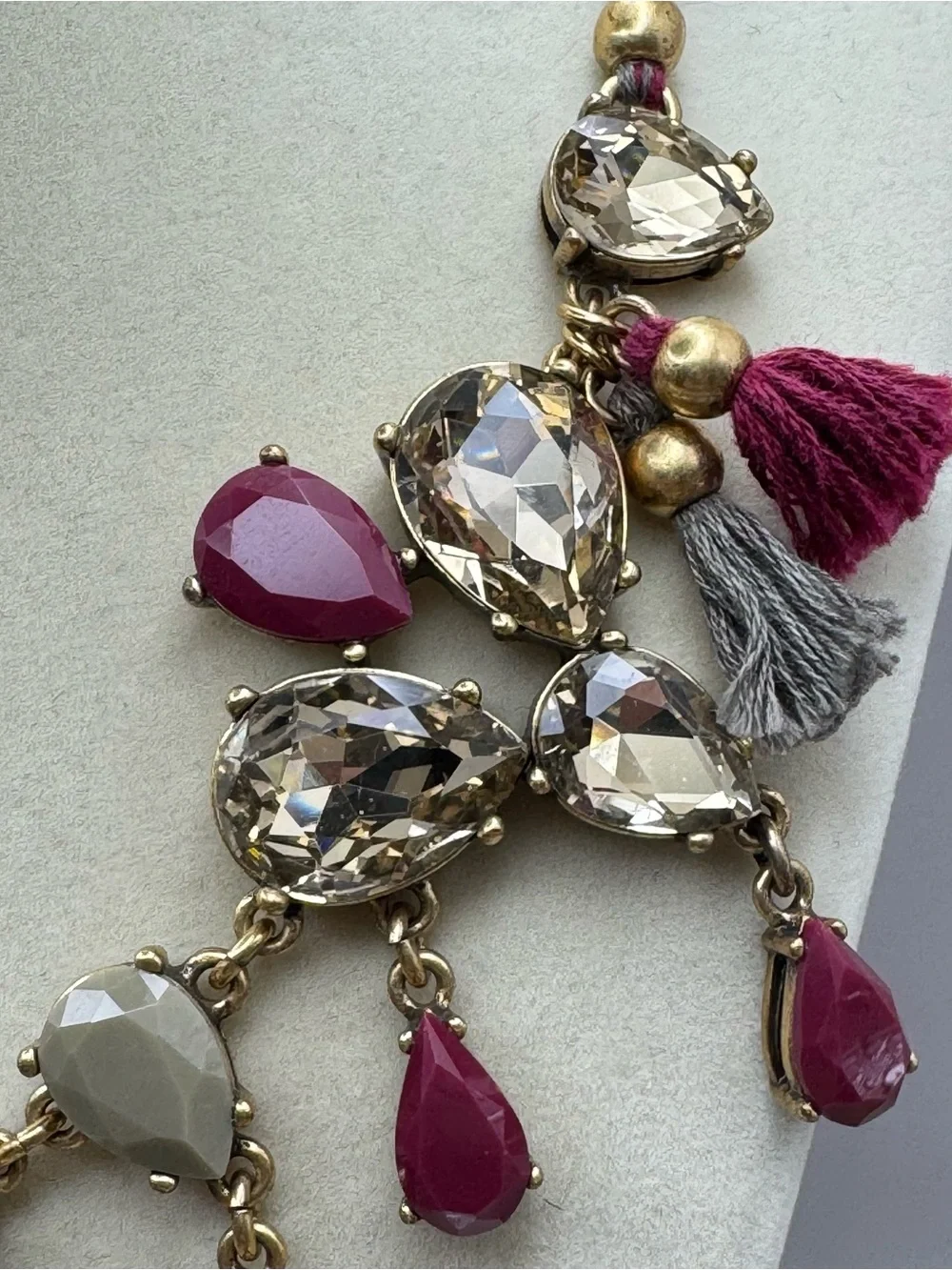 J. Crew Plum and Champagne Crystal Statement Necklace with Tassels